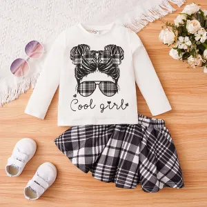 2pcs Toddler Girl Figure Letters Print Long-sleeve Tee and Plaid Skirt Set #1048243
