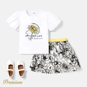2pcs Toddler Girl Floral Graphic Puff-sleeve Top and Sketch Floral Graphic Skirt Set #1043111