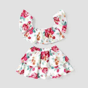 2pcs Toddler Girl Floral Print Off Shoulder Blouse and Layered Skirt Set #813460