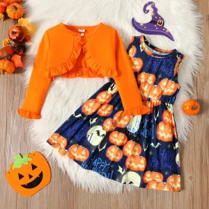 2pcs Toddler Girl Halloween Letter Pumpkin Print Sleeveless Dress and Ruffled Cardigan Set #1026138