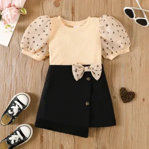 2pcs Toddler Girl Heart Pattern Puff-sleeve Rib-knit Top and Bow Decor Skirt Set #1043326
