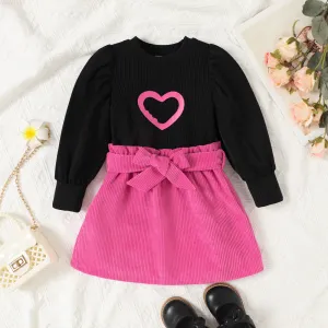 2pcs Toddler Girl Heart Print Ribbed Long-sleeve Top and Belted Solid Skirt Set #1052397