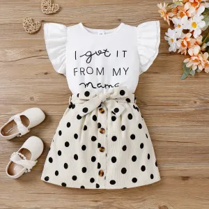 2pcs Toddler Girl Letter Print Flutter-sleeve Top and Polka Dots Belted Skirt Set