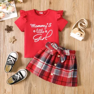 2pcs Toddler Girl Letter Print Ruffled Short-sleeve Tee and Plaid Skirt Set