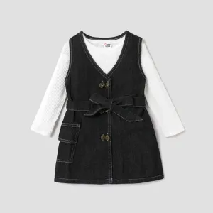 2pcs Toddler Girl Long-sleeve Ribbed White Tee and Button Design Belted Denim Dress Set