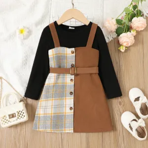 2pcs Toddler Girl Long-sleeve Top and Plaid Panel Belted Overall Dress Set