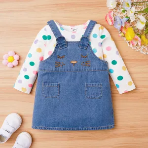 2pcs Toddler Girl Polka Dots Long-sleeve Top and 100% Cotton Denim Overall Dress Set #1053383