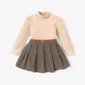 2pcs Toddler Girl Pretty Mock Neck Puff-sleeve Te and Houndstooth Pleated Skirt Set #1083401