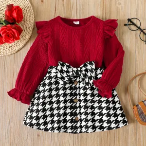 2pcs Toddler Girl Ruffled Textured Tee and Bowknot Design Houndstooth Skirt Set #832487