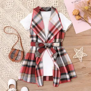 2pcs Toddler Girl Short-sleeve Tee and Asymmetrical Grid Dress Set #1323889