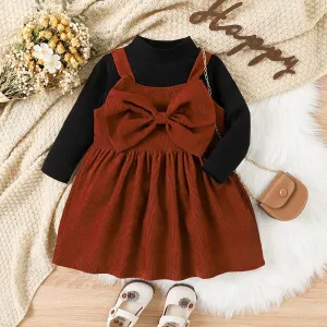 2PCS Toddler Girl Solid Color Sweet  Long Sleeve Dress Set #1080019