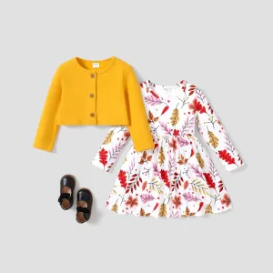 2PCS Toddler Girl Sweet Button Design  Jacket /Plant Floral Dress #1168837