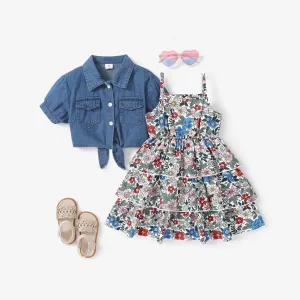 2pcs Toddler Girl Sweet Denim Jacket and Floral Dress Set #1318911