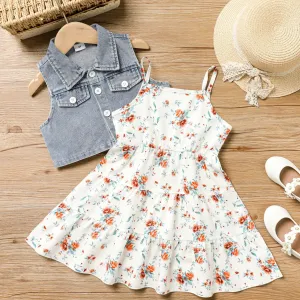 2pcs Toddler Girl Sweet Denim Vest and Floral Dress Set #1319261