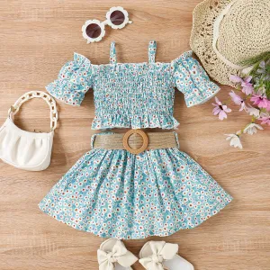 2pcs Toddler Girl Sweet Floral Print Smocked Camisole and Skirt & Belt Set #799152