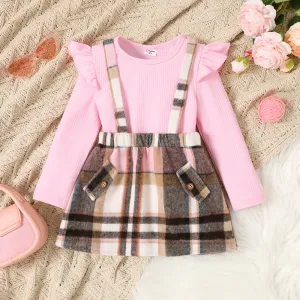 2pcs Toddler Girl Sweet Flutter Sleeve Grid Dress Suit #1056764