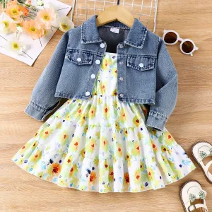 2pcs Toddler Girl  Sweet Plants Floral Dress and Lapel Denim Jacket Dress Set #1315845
