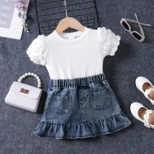 2PCS Toddler Girl  Sweet Puff Sleeve T-shirt and Denim Skirt Dress Set #1323599