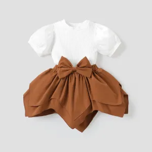 2pcs Toddler Girl Sweet Puff-sleeve Tee and Irregular Hem Skirt Set #793365