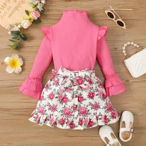 2pcs Toddler Girl Sweet Ribbed Turtleneck Tee and Floral Print Ruffle Corduroy Skirt Set #834129