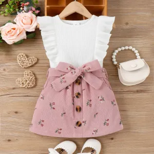 2pcs Toddler Girl Sweet Ruffled Sleeveless Tee and Floral Print Corduroy Skirt Set #776553