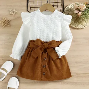 2pcs Toddler Girl Sweet Ruffled Textured Tee and Belted Skirt Set #222407