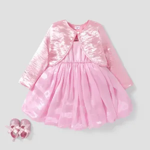 2PCS Toddler Girl Sweet Solid Color Long Sleeve Jacket /Camisole Dress Set #1166630