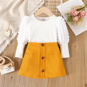 2pcs Toddler Girl Textured Puff-sleeve White Tee and Button Pocket Design Cotton Skirt Set #815901