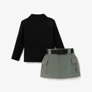 3pcs Toddler Girl Trendy Mock Neck Tee and Pocket Design and Belt Skirt Set #994185