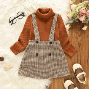 2pcs Toddler Girl Turtleneck Ribbed Long-sleeve Tee and Button Design Plaid Suspender Skirt Set #207593