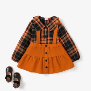 2pcs Toddler Girl's School Suit-Dress Lapel Grid/Houndstooth Long Sleeve #1195811