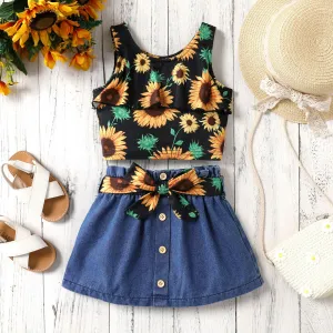 2pcsToddler Girl  Sweet Sunflower Dress Set with Ruffle Edge #1329787