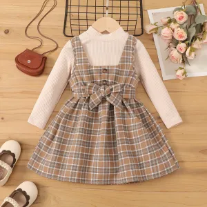 3pc Toddler Girl Grid Pattern Belt Suit Dress #1057697