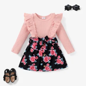 3pcs 93% Cotton Toddler Girl ruffle edge Big flower sweet Skirt Suit with Belt #1211965