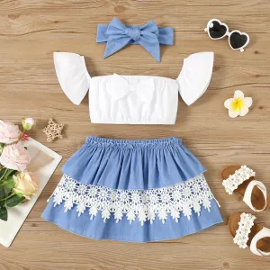 3pcs Toddler Girl 100% Cotton Off-Shoulder Top & Guipure Lace Skirt & Headband Set #1046464