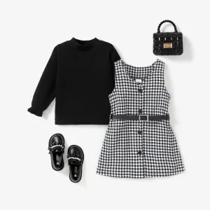 3PCS Toddler Girl Classic Grid/Houndstooth Long Sleeve Dress Set #1073208