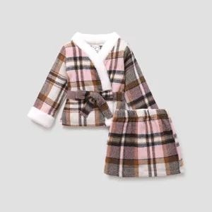 3PCS Toddler Girl Classic Grid/Houndstooth Long Sleeve Dress Set #1094767