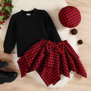 3pcs Toddler Girl Plaid Beret Cap & Black Sweatshirt and Irregular Skirt Set #222265
