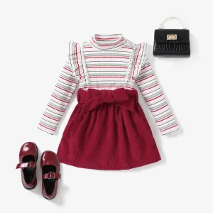 3PCS Toddler Girl Sweet Stripe Ruffle Edge Long Sleeve Dress Set