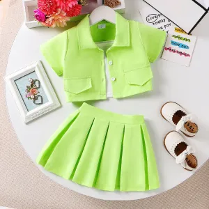 3pcs Toddler Girls  Solid Color Avant-garde Short Sleeve Lapel Top and Dress Set #1329771