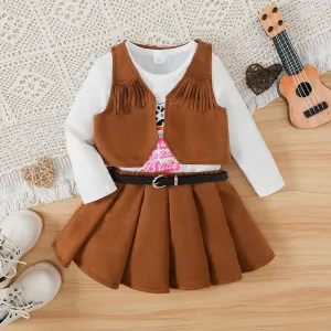 4pc Toddler Girl's Tassel Letter Suit Cowboy Dress Set with Belt and Vest #1195912