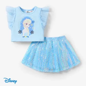 Disney Frozen Elsa 2pcs Toddler Girls Character Print Ruffled Top with Mesh Sequin Skirt #1332717