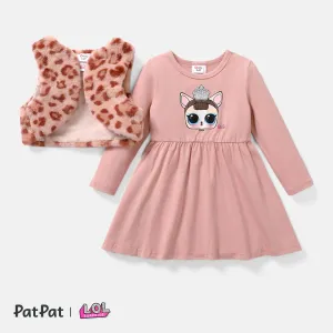 L.O.L. SURPRISE! 2pcs Toddler Girl Character Print Dress and Leopard Fleece Vest Set #213409
