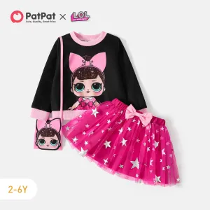 L.O.L. SURPRISE! 3pcs Toddler Girl Character Print Long-sleeve Tee and Star Glitter Design Mesh Skirt and Bag Set #210216
