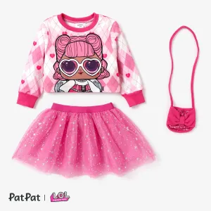 L.O.L. SURPRISE! Toddler Girl Glitter Hem Character Pattern Top with Crossbody Bag Skirt Suit #1196563