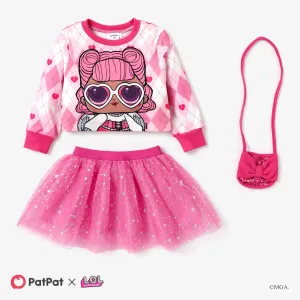 L.O.L. SURPRISE! Toddler Girl Glitter Hem Character Pattern Top with Crossbody Bag Skirt Suit #1196564