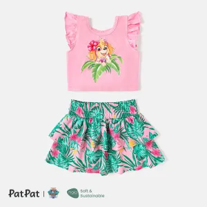 PAW Patrol 2pcs Toddler Girl Flutter-sleeve Bows Back Cotton Tee and Floral Print Layered Skirt Set #807798
