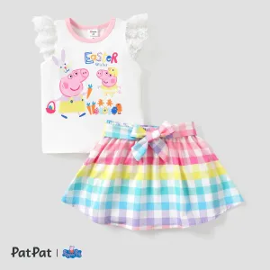 Peppa Pig 2pcs Toddler Girl Easter Lace sleeve Tee and Grid pattern Skirt #1324362