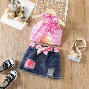 Toddler Girl 3pcs Tie-dye Print Halterneck Camisole and Ripped Denim Shorts with Belt Set #1332290