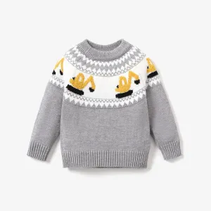 Toddler Boy Playful Vehicle Excavator Pattern Colorblock Sweater #222834